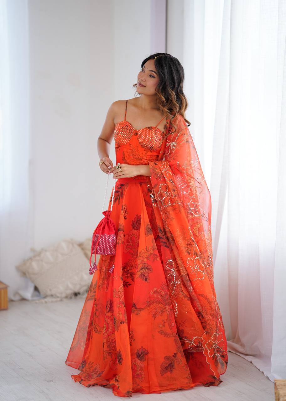 Elegant Digital Print Organza Lehenga ,Corset Blouse , Embroidered Dupatta and Batwa Purse