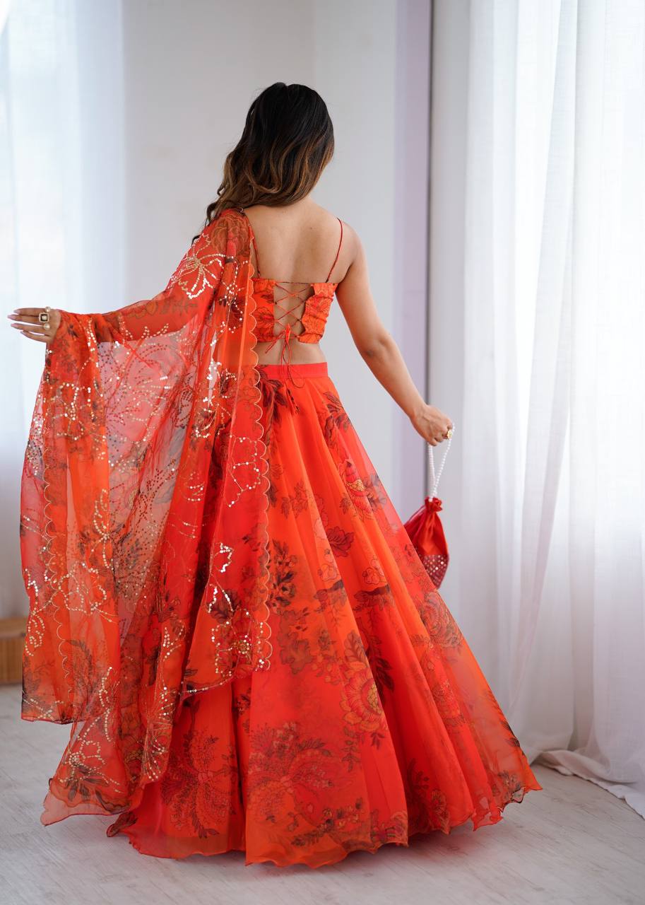 Elegant Digital Print Organza Lehenga ,Corset Blouse , Embroidered Dupatta and Batwa Purse