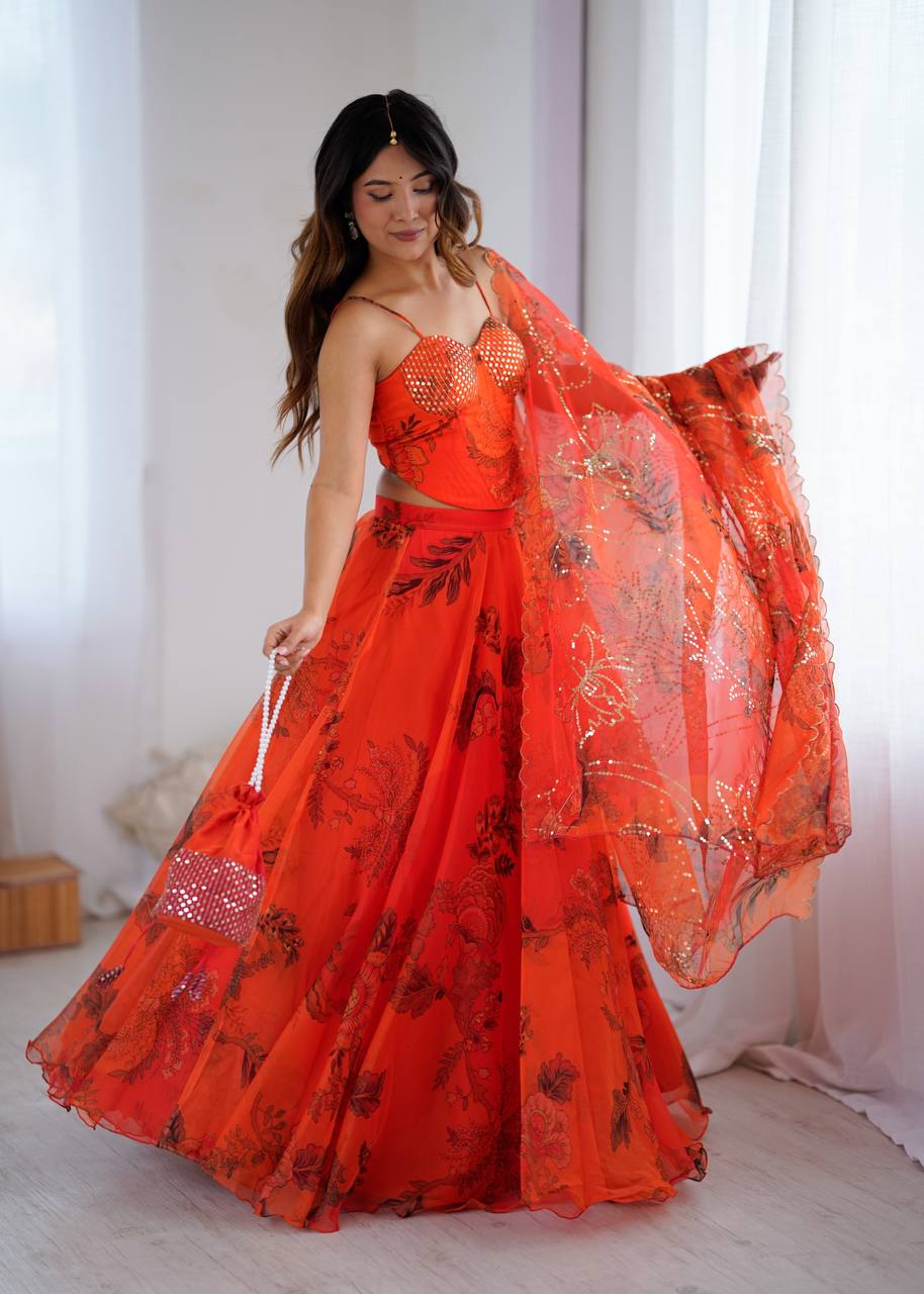 Elegant Digital Print Organza Lehenga ,Corset Blouse , Embroidered Dupatta and Batwa Purse