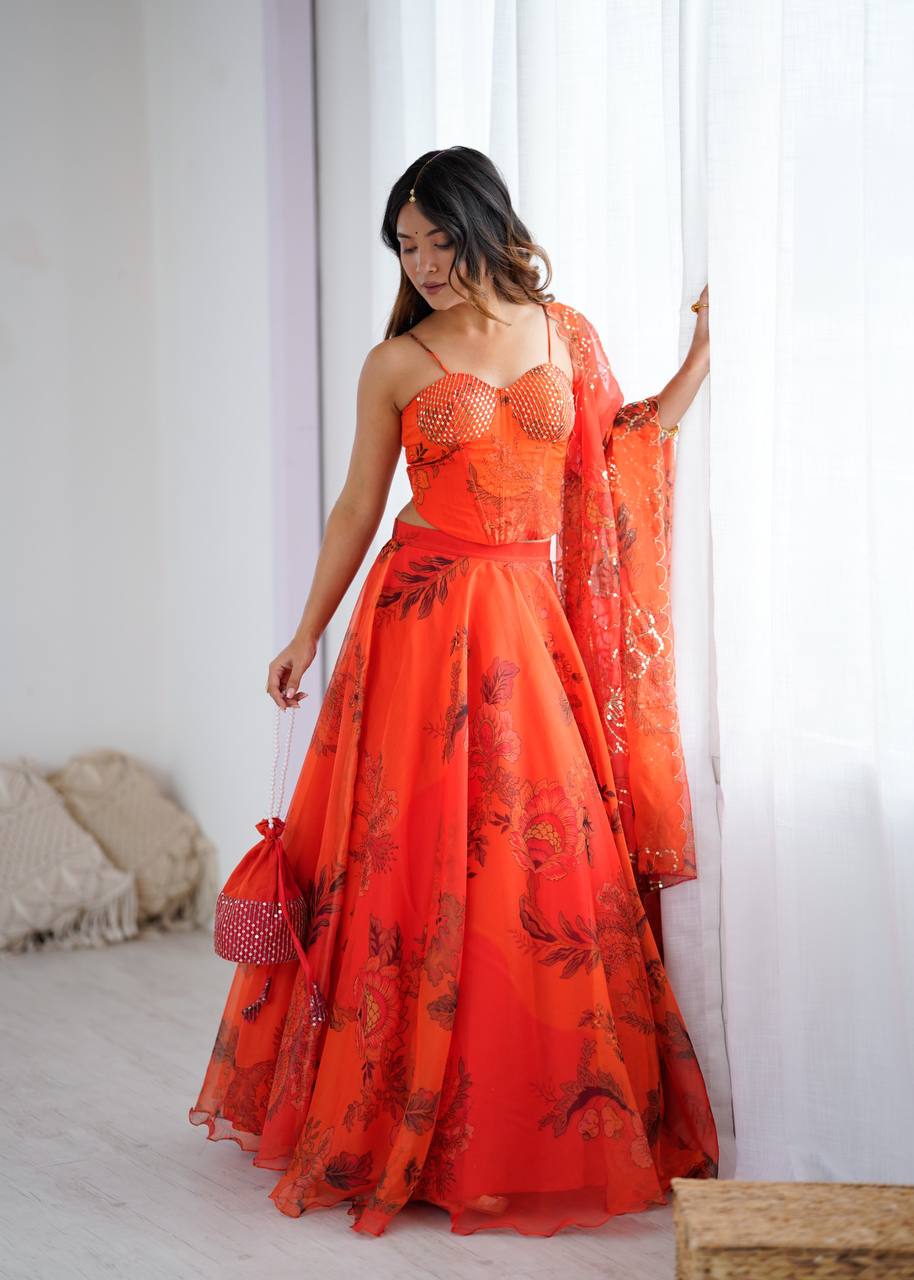Elegant Digital Print Organza Lehenga ,Corset Blouse , Embroidered Dupatta and Batwa Purse