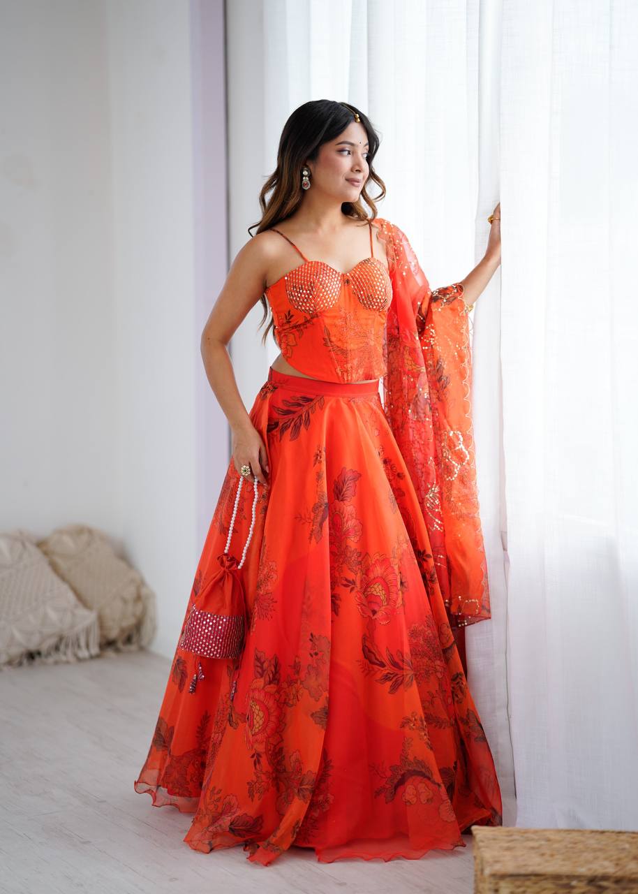 Elegant Digital Print Organza Lehenga ,Corset Blouse , Embroidered Dupatta and Batwa Purse