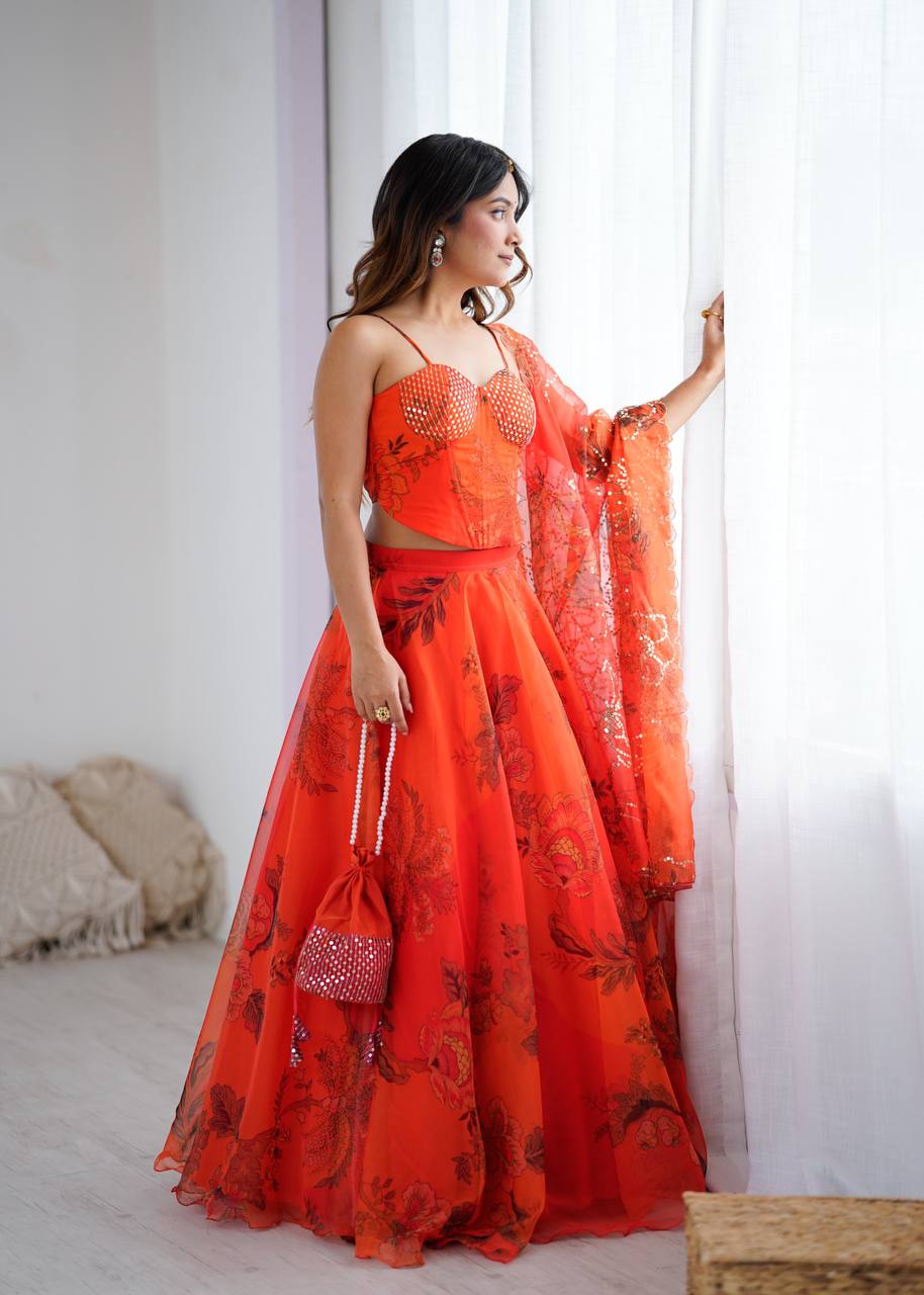 Elegant Digital Print Organza Lehenga ,Corset Blouse , Embroidered Dupatta and Batwa Purse