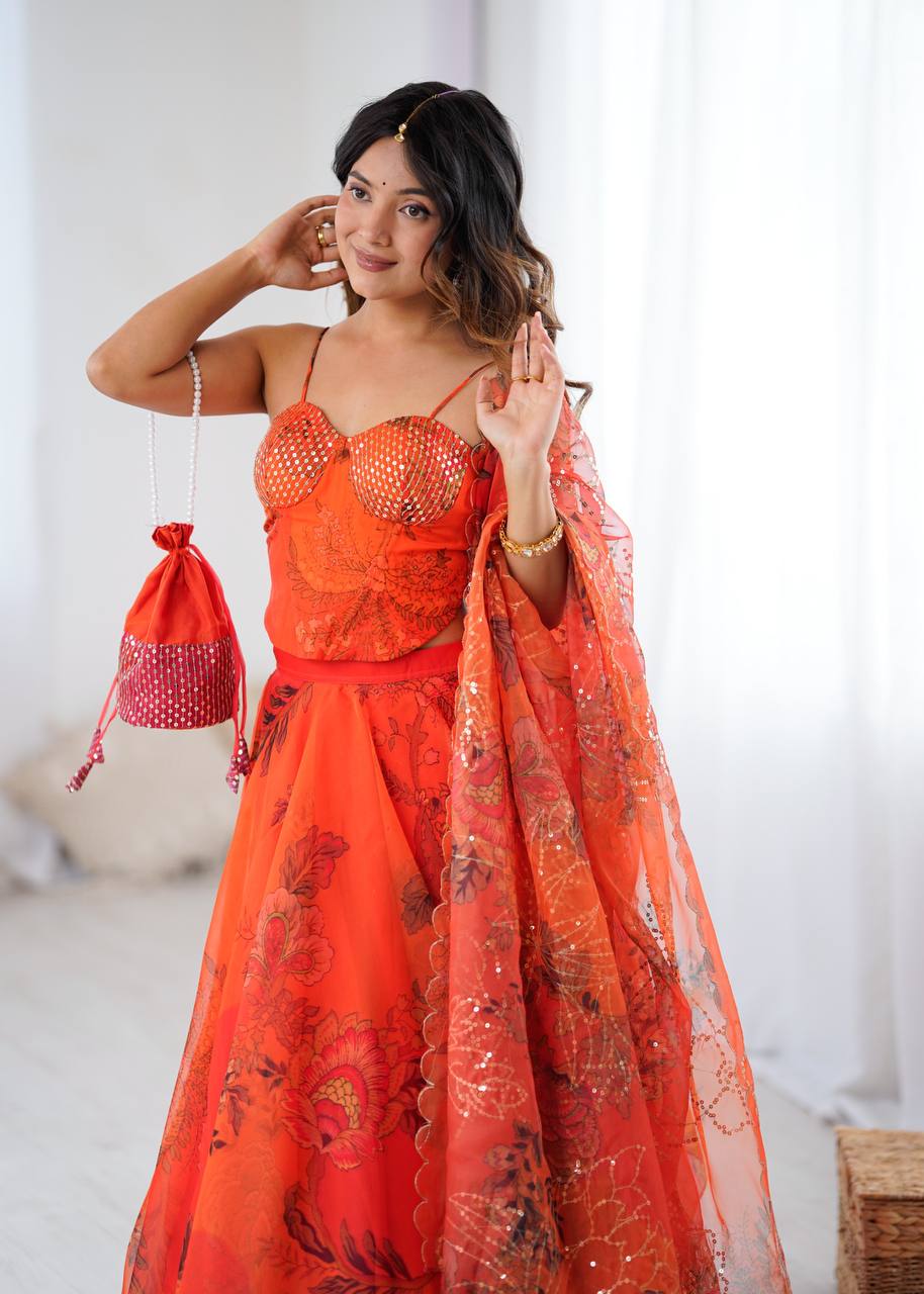 Elegant Digital Print Organza Lehenga ,Corset Blouse , Embroidered Dupatta and Batwa Purse