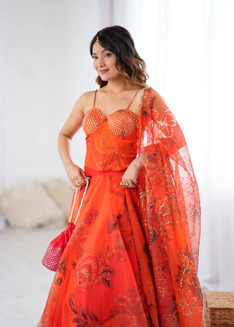 Elegant Digital Print Organza Lehenga ,Corset Blouse , Embroidered Dupatta and Batwa Purse
