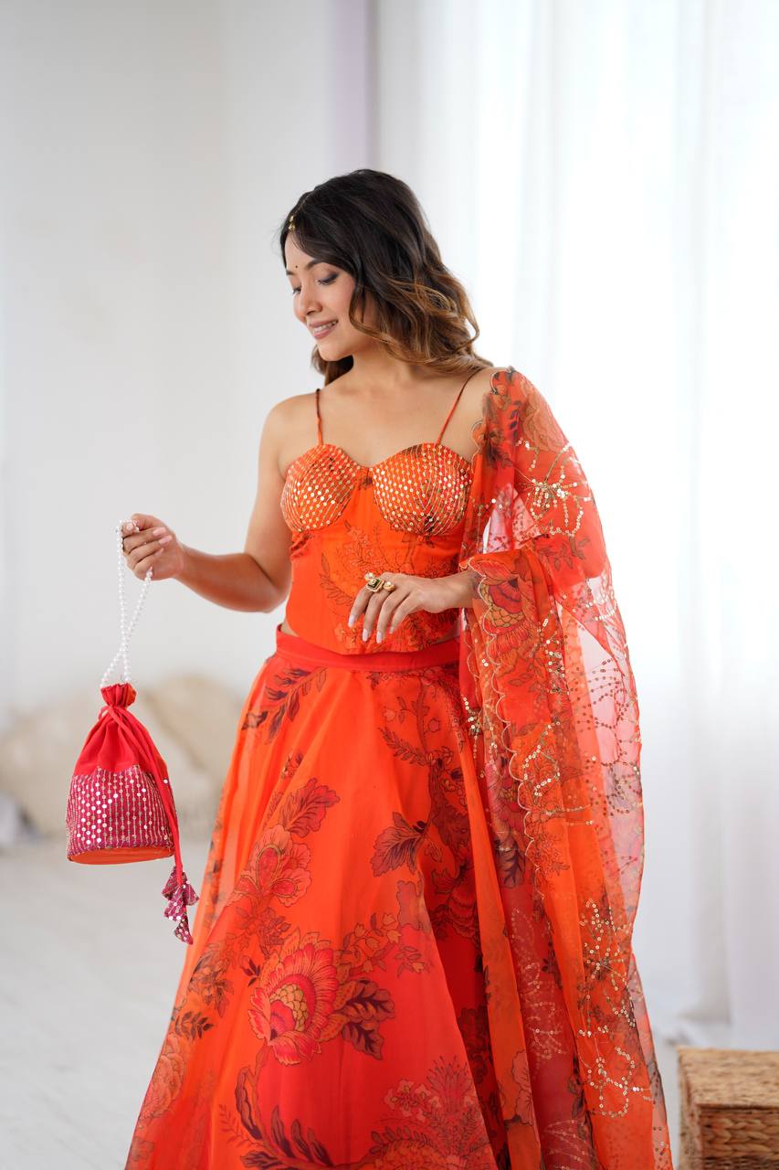Elegant Digital Print Organza Lehenga ,Corset Blouse , Embroidered Dupatta and Batwa Purse