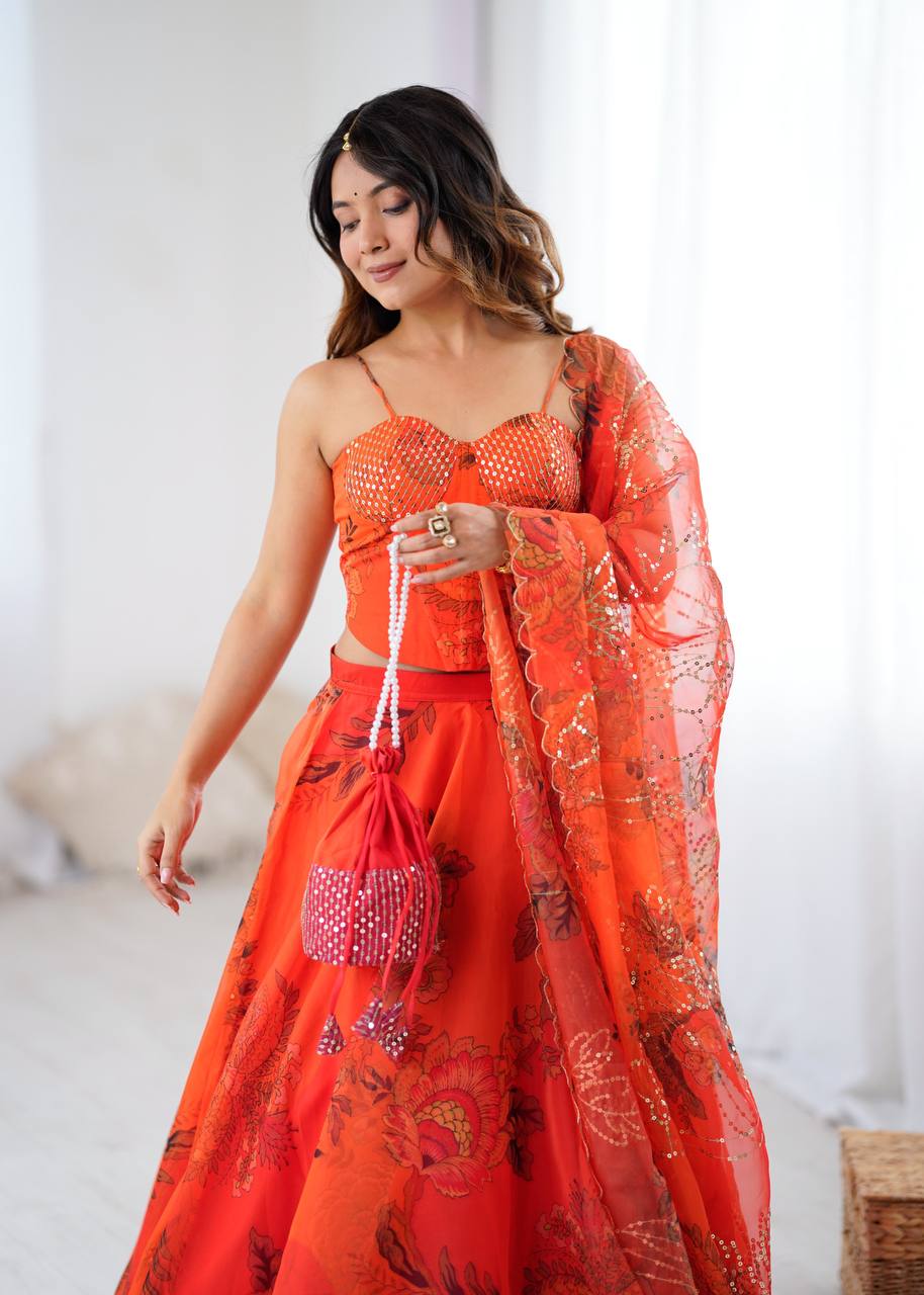 Elegant Digital Print Organza Lehenga ,Corset Blouse , Embroidered Dupatta and Batwa Purse