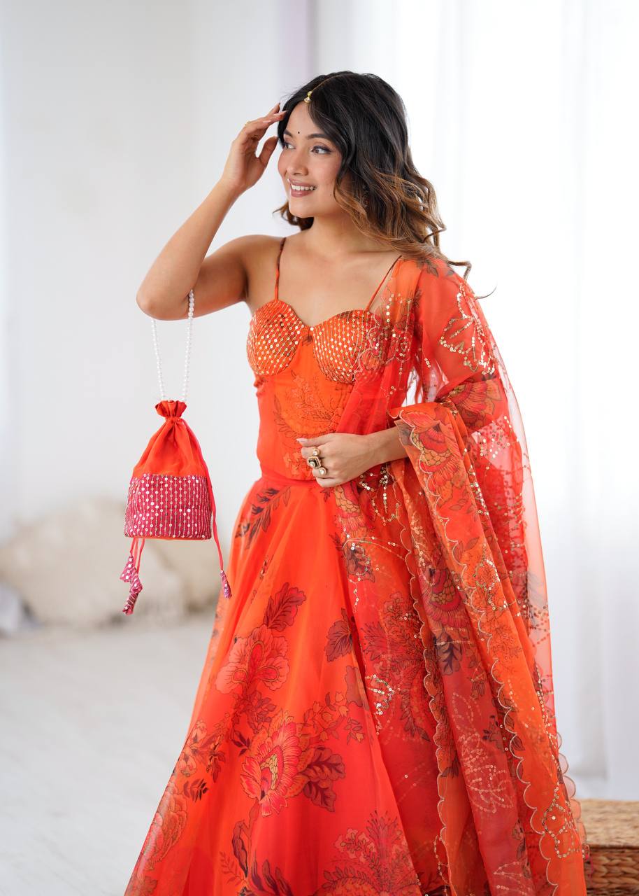 Elegant Digital Print Organza Lehenga ,Corset Blouse , Embroidered Dupatta and Batwa Purse