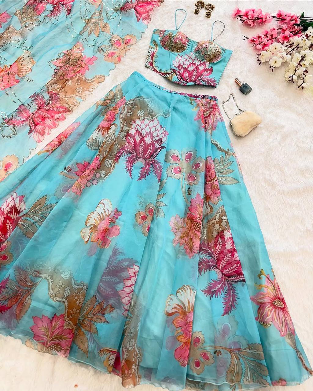 Elegant Digital Print Organza Lehenga ,Corset Blouse , Embroidered Dupatta and Batwa Purse