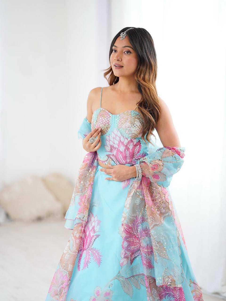 Elegant Digital Print Organza Lehenga ,Corset Blouse , Embroidered Dupatta and Batwa Purse