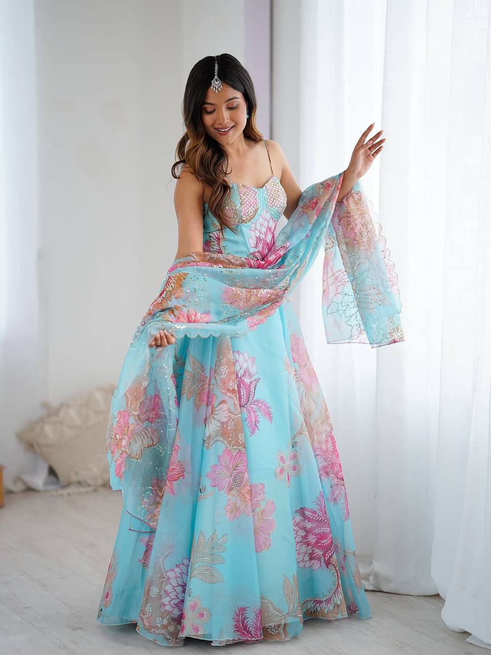 Elegant Digital Print Organza Lehenga ,Corset Blouse , Embroidered Dupatta and Batwa Purse