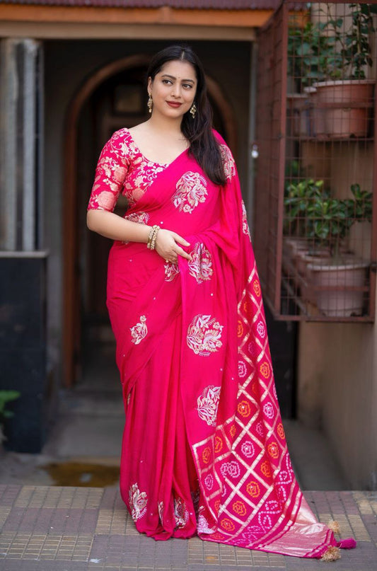 Zari Embroidery Work Pure Chanderi Cotton Bandhani Gharchola Saree with Tye-Dye Banarasi Blouse