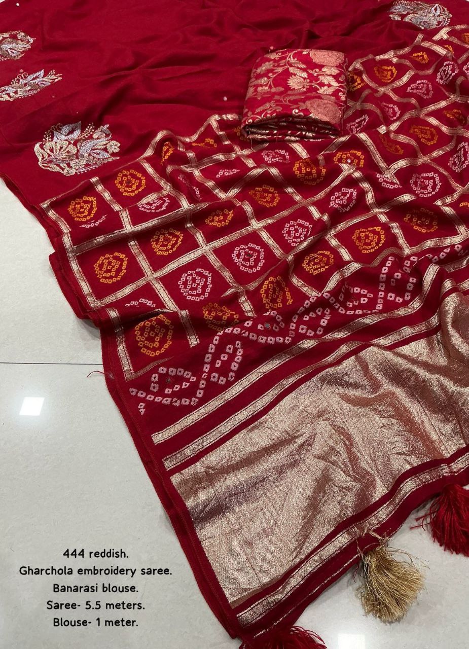 Zari Embroidery Work Pure Chanderi Cotton Bandhani Gharchola Saree with Tye-Dye Banarasi Blouse