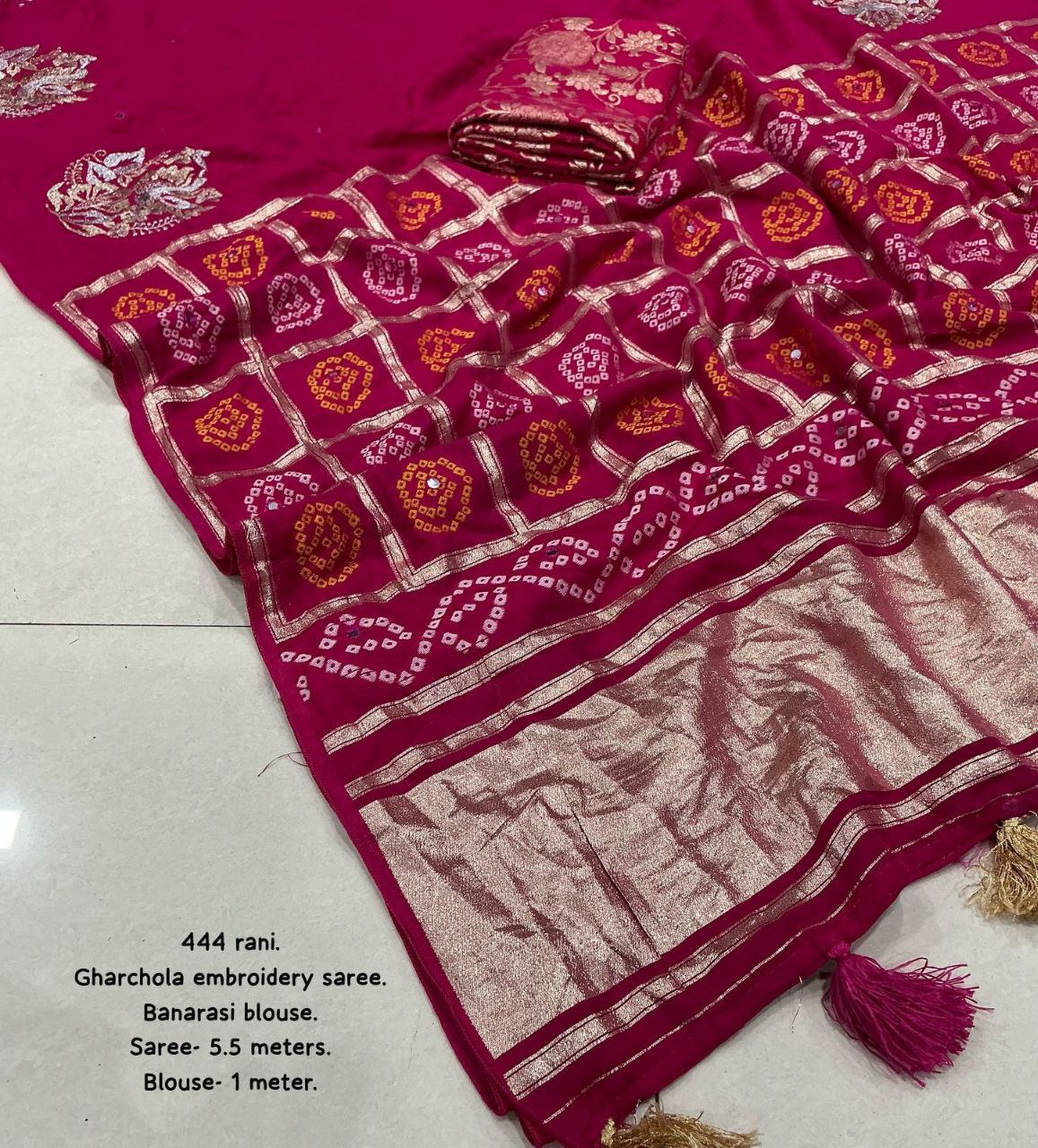 Zari Embroidery Work Pure Chanderi Cotton Bandhani Gharchola Saree with Tye-Dye Banarasi Blouse