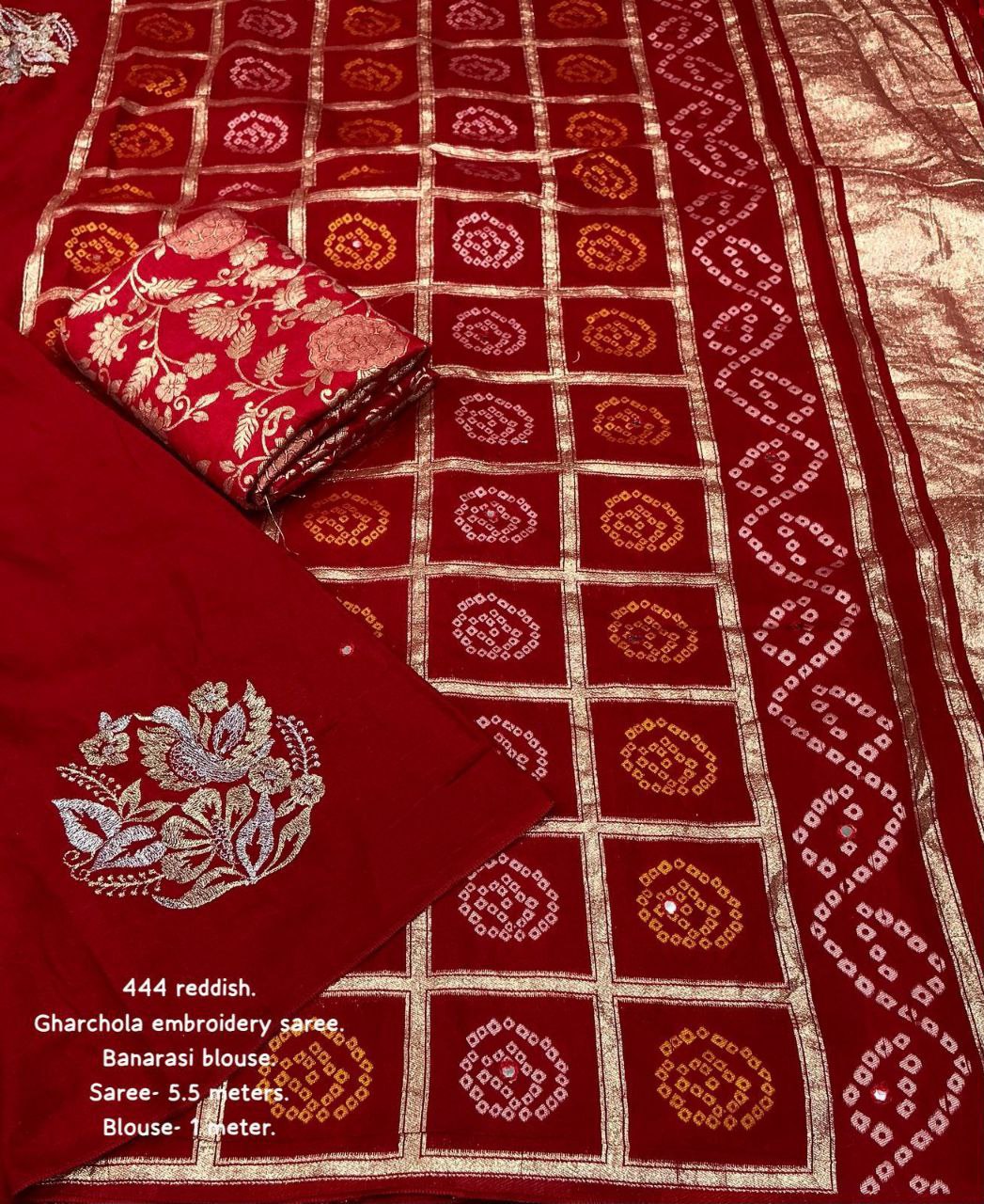 Zari Embroidery Work Pure Chanderi Cotton Bandhani Gharchola Saree with Tye-Dye Banarasi Blouse