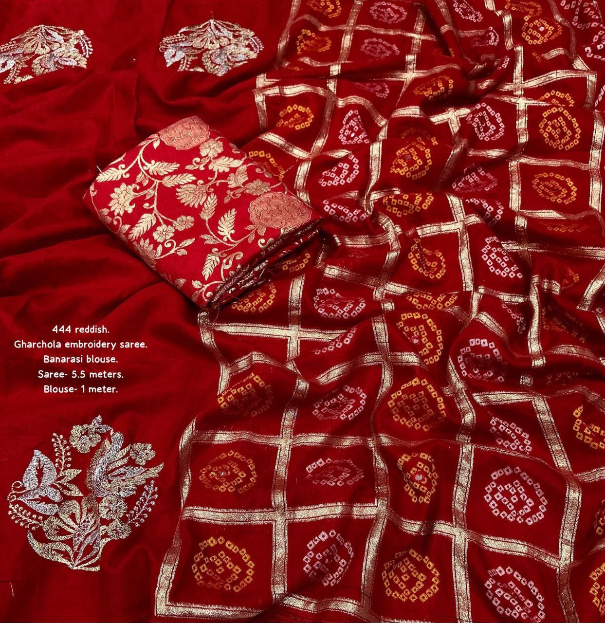 Zari Embroidery Work Pure Chanderi Cotton Bandhani Gharchola Saree with Tye-Dye Banarasi Blouse