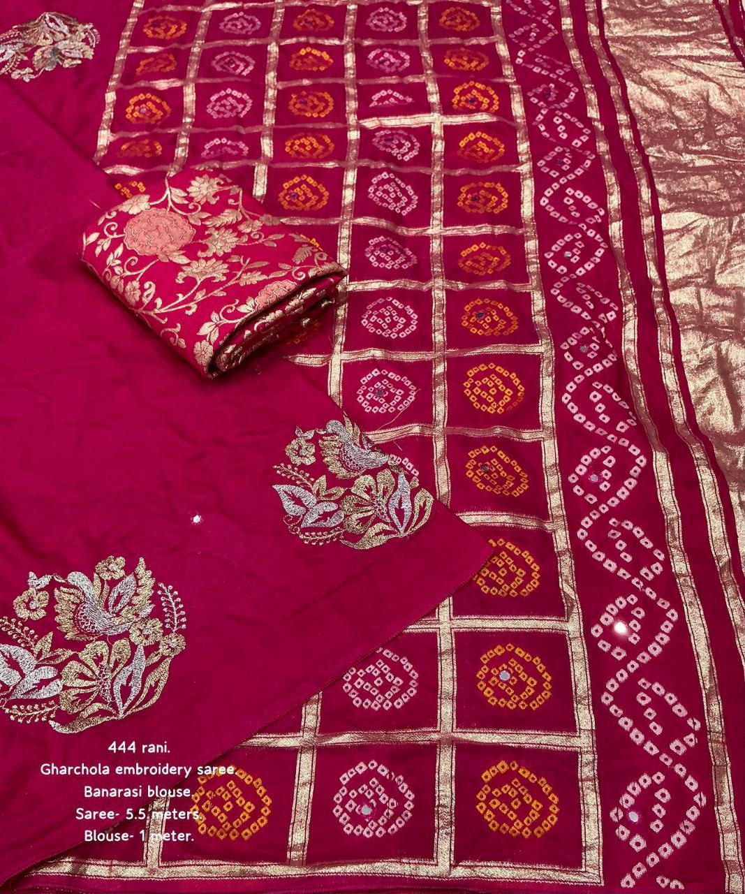 Zari Embroidery Work Pure Chanderi Cotton Bandhani Gharchola Saree with Tye-Dye Banarasi Blouse