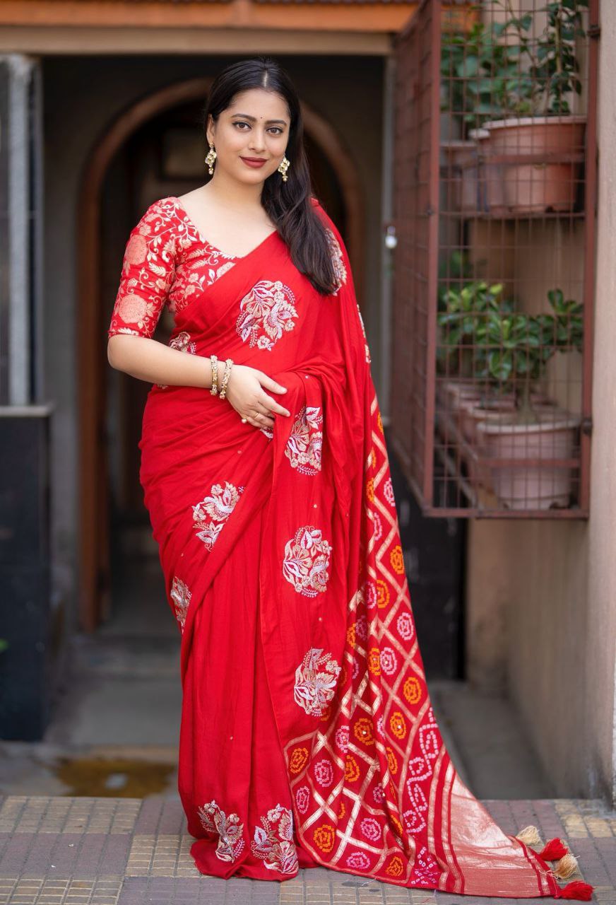 Zari Embroidery Work Pure Chanderi Cotton Bandhani Gharchola Saree with Tye-Dye Banarasi Blouse