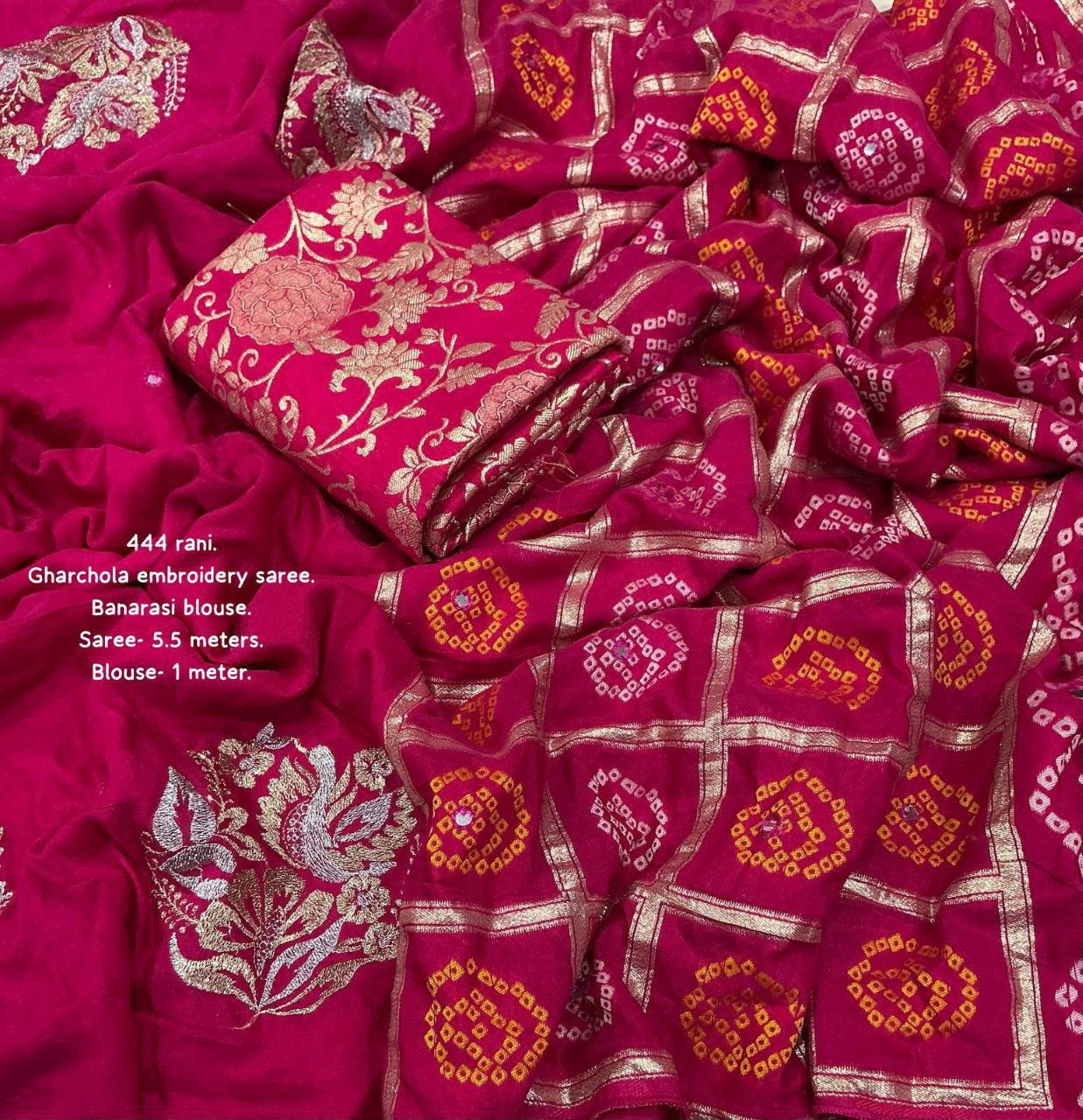 Zari Embroidery Work Pure Chanderi Cotton Bandhani Gharchola Saree with Tye-Dye Banarasi Blouse