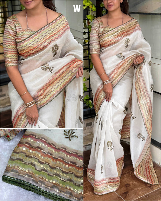 Thread & Sequins Work Digital Print Party Wear Embroidered Tani Shani Silk Saree With Blouse