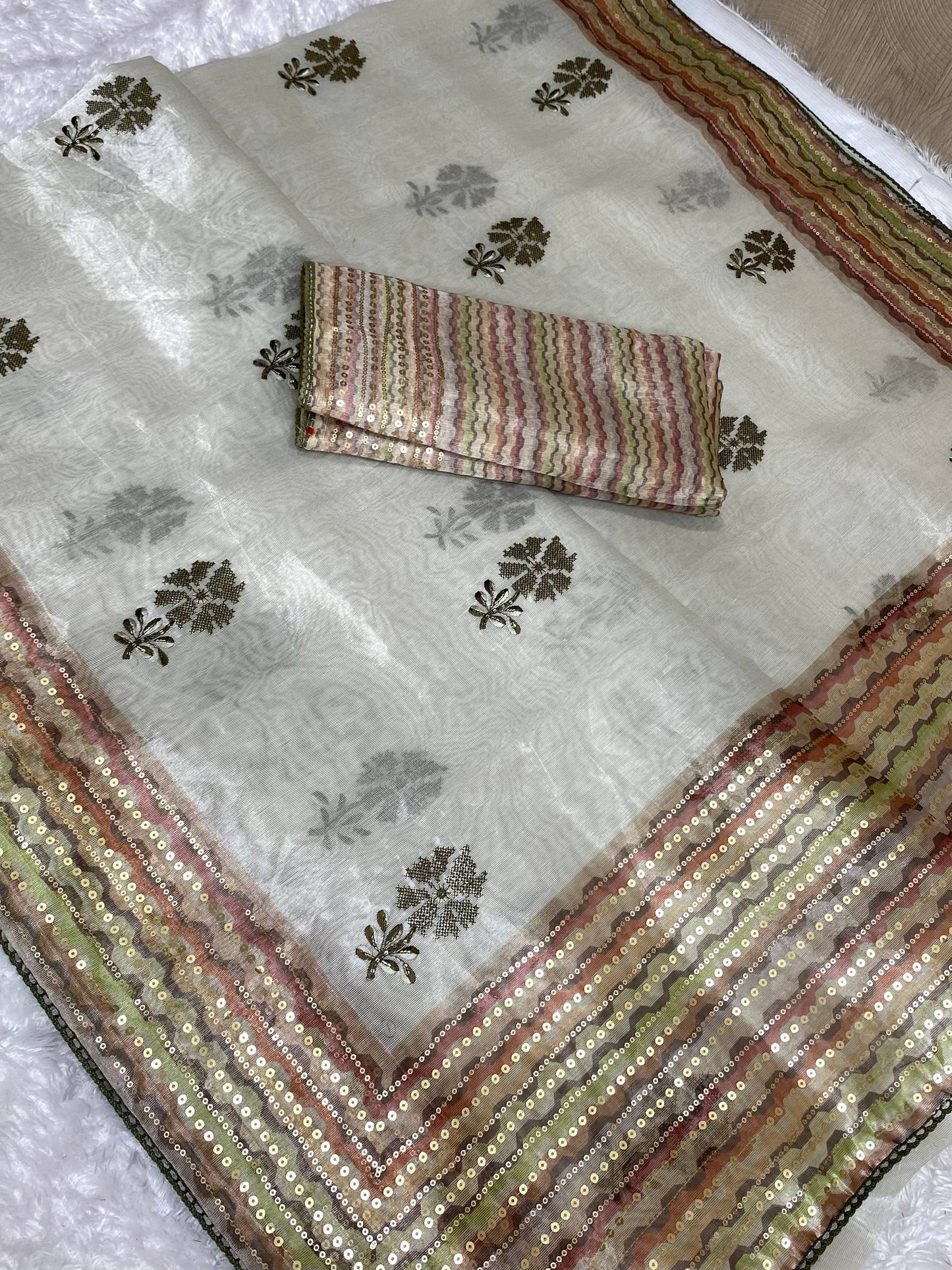 Thread & Sequins Work Digital Print Party Wear Embroidered Tani Shani Silk Saree With Blouse