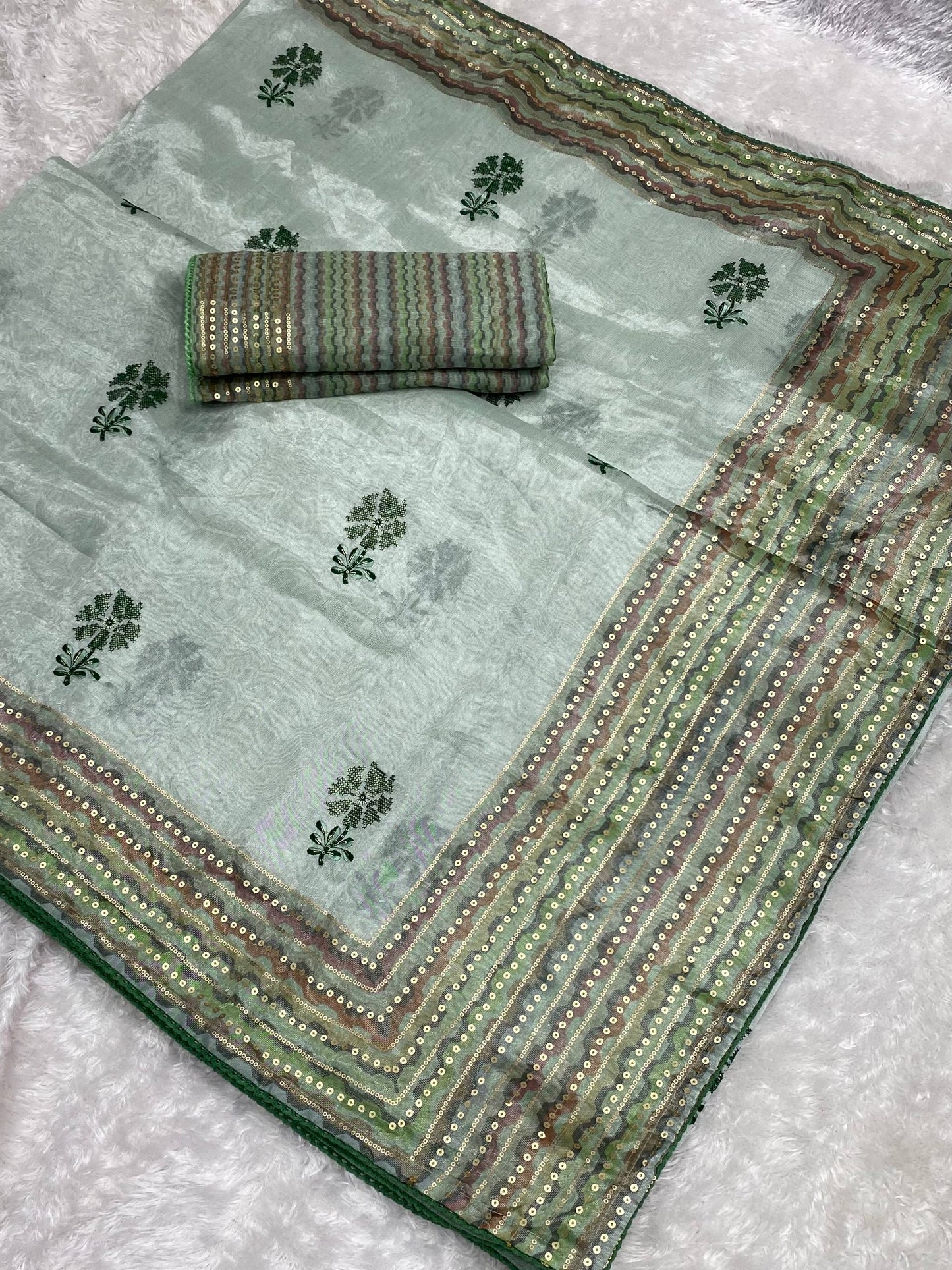 Thread & Sequins Work Digital Print Party Wear Embroidered Tani Shani Silk Saree With Blouse