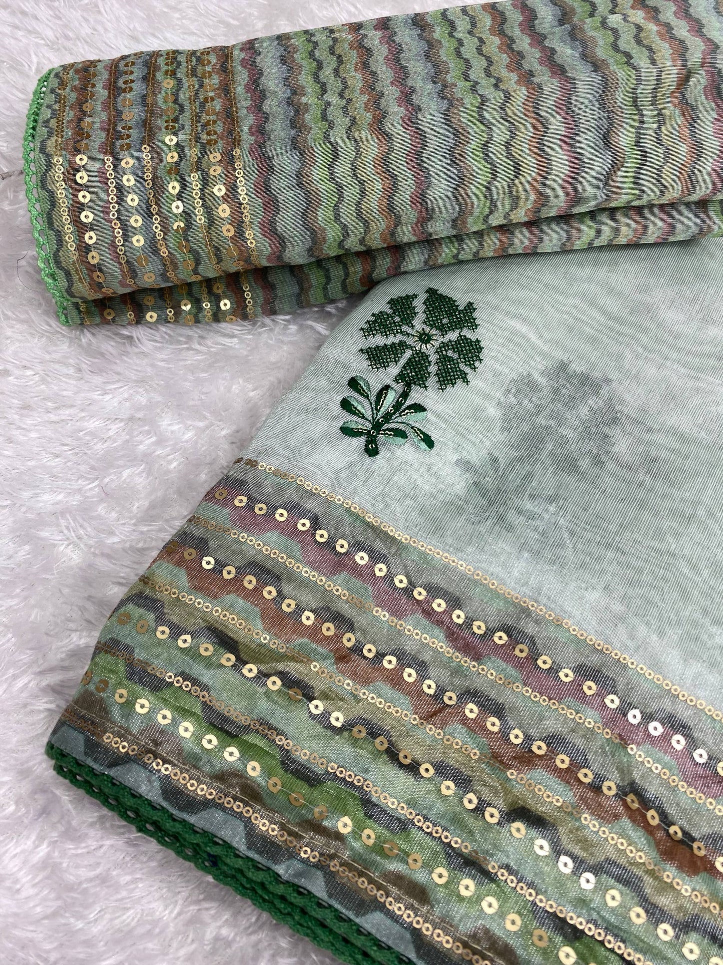 Thread & Sequins Work Digital Print Party Wear Embroidered Tani Shani Silk Saree With Blouse