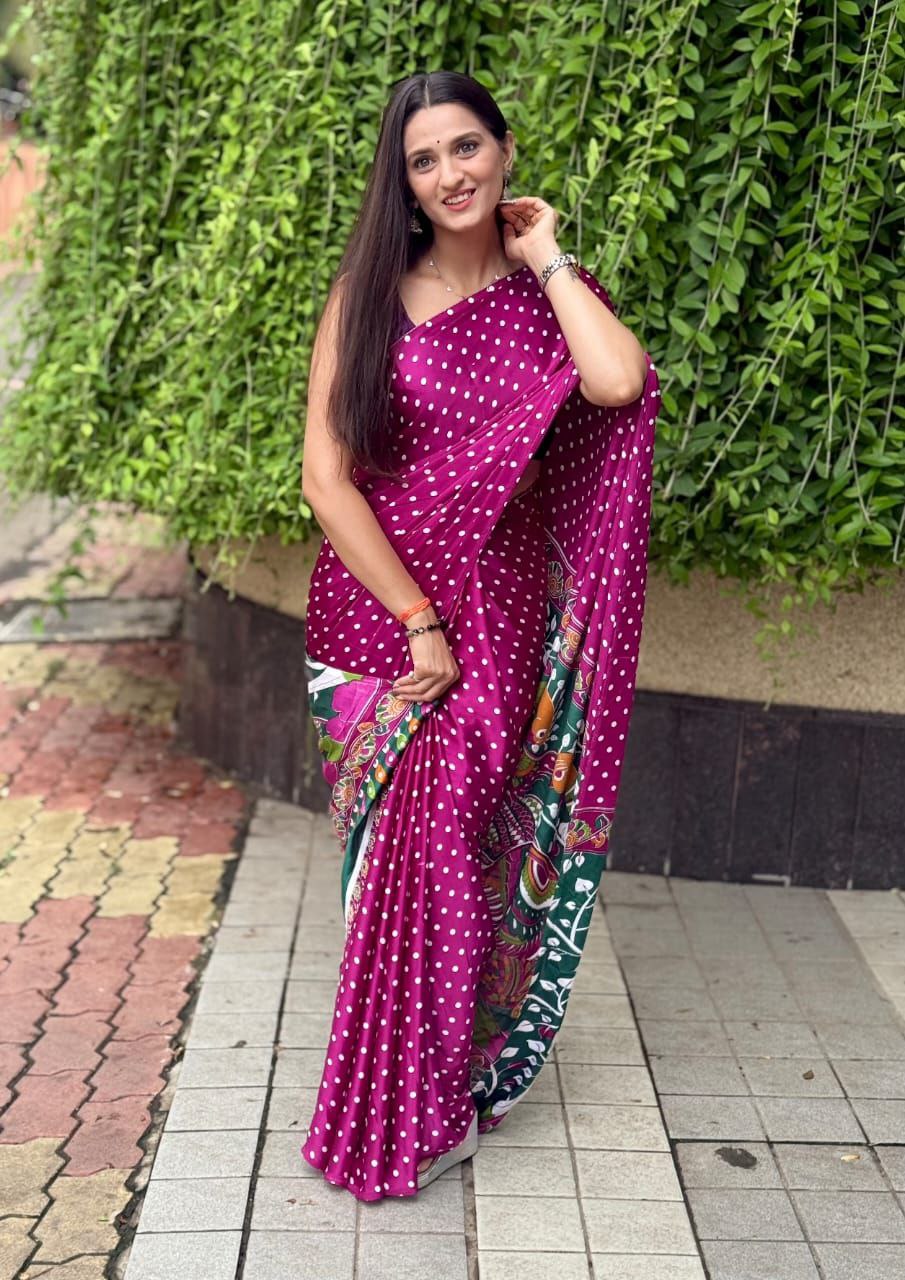 Bandhani Ajrakh Kalamkari Print Premium Gajji Silk Lagdi Patta Border Saree with Unstitched Blouse