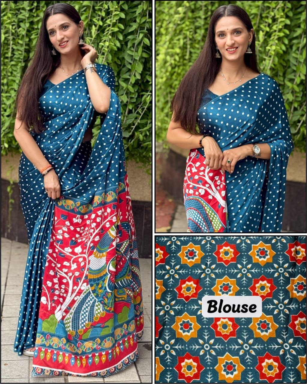 Bandhani Ajrakh Kalamkari Print Premium Gajji Silk Lagdi Patta Border Saree with Unstitched Blouse