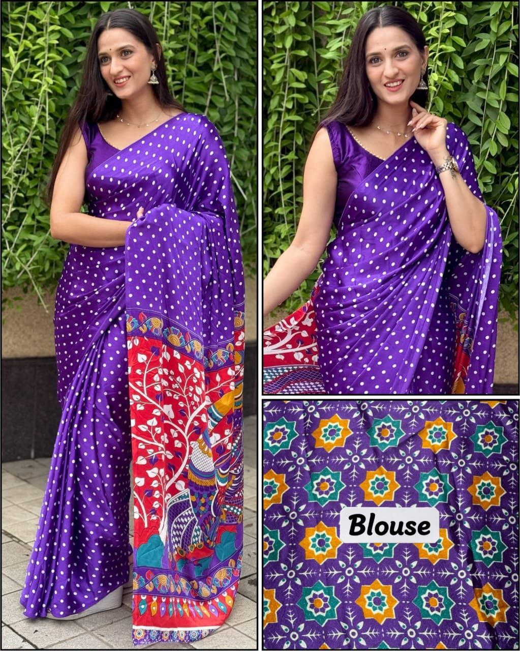 Bandhani Ajrakh Kalamkari Print Premium Gajji Silk Lagdi Patta Border Saree with Unstitched Blouse