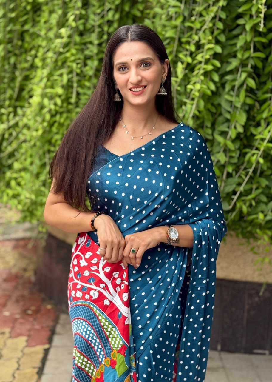 Bandhani Ajrakh Kalamkari Print Premium Gajji Silk Lagdi Patta Border Saree with Unstitched Blouse