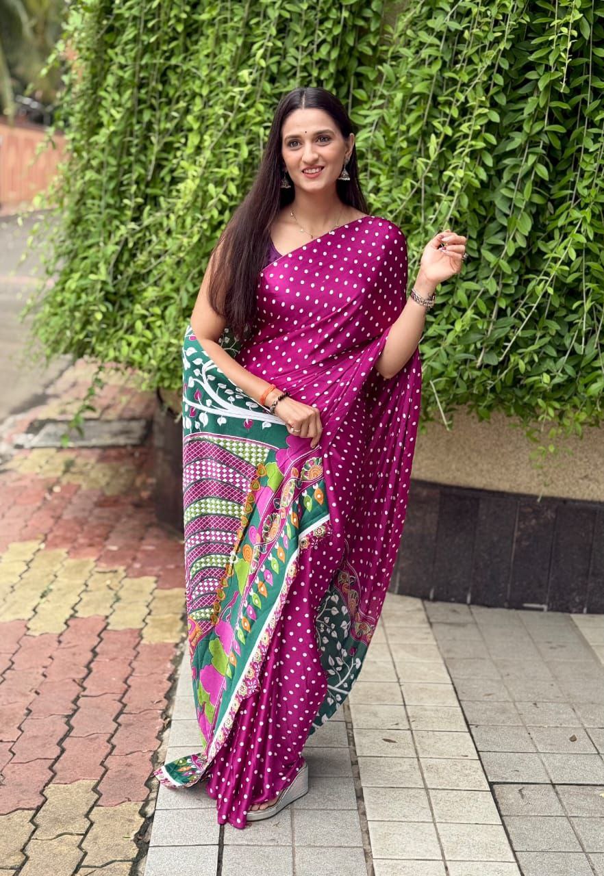 Bandhani Ajrakh Kalamkari Print Premium Gajji Silk Lagdi Patta Border Saree with Unstitched Blouse