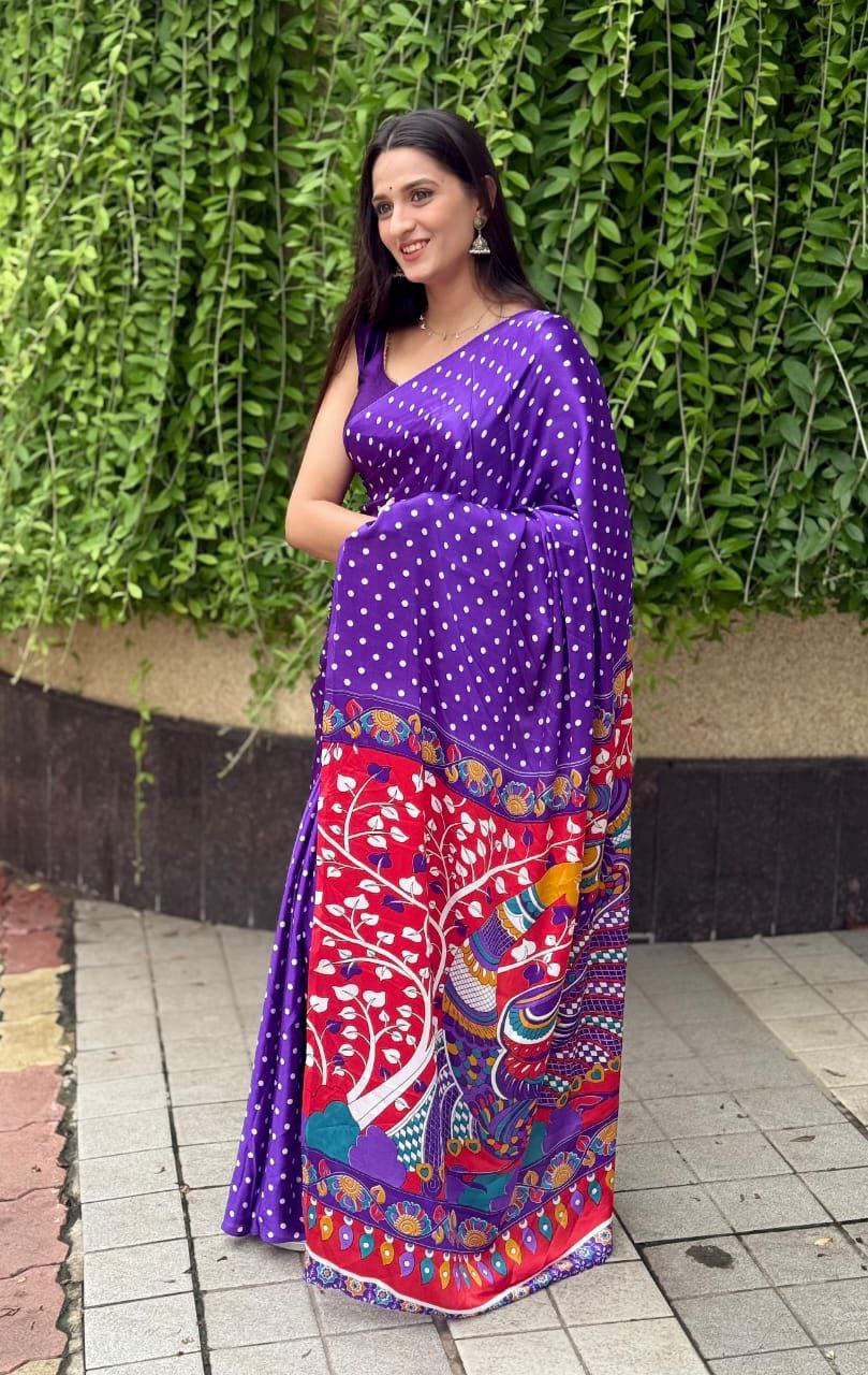 Bandhani Ajrakh Kalamkari Print Premium Gajji Silk Lagdi Patta Border Saree with Unstitched Blouse