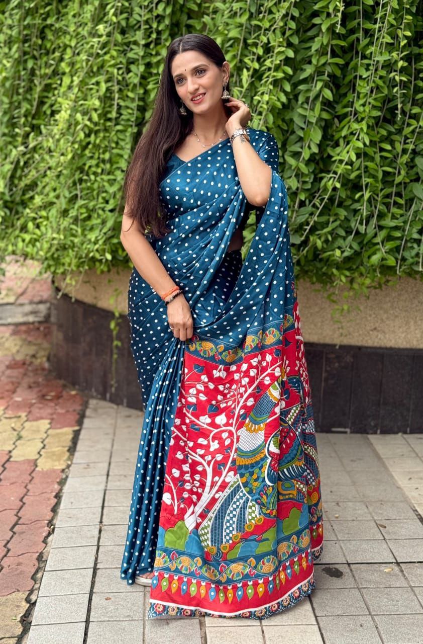 Bandhani Ajrakh Kalamkari Print Premium Gajji Silk Lagdi Patta Border Saree with Unstitched Blouse