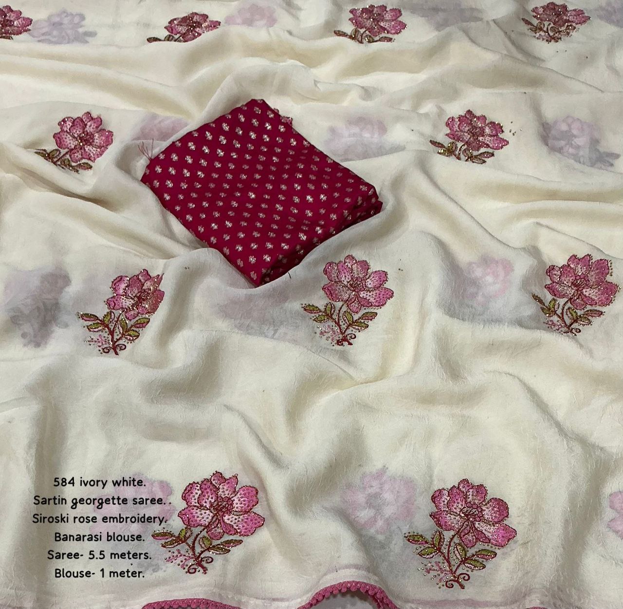 Rose Embroidered  Siroski Stone With Patched Lace Border  Satin Georgette Saree with Banarasi Blouse