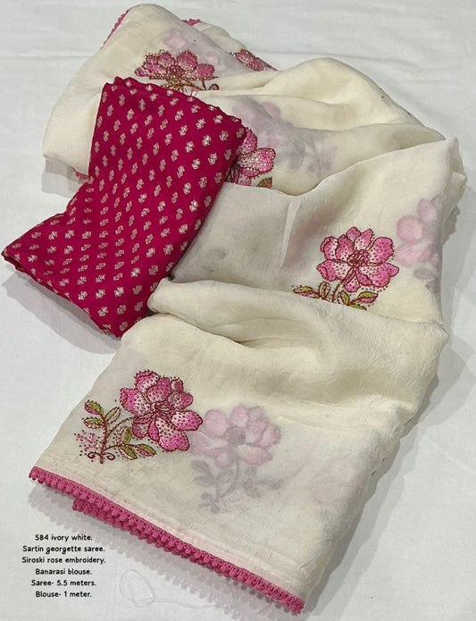 Rose Embroidered  Siroski Stone With Patched Lace Border  Satin Georgette Saree with Banarasi Blouse