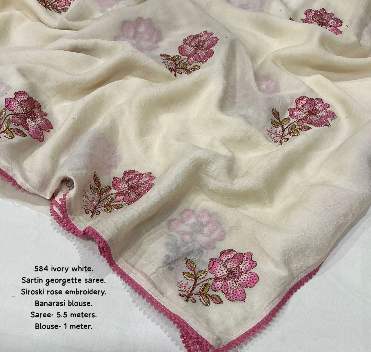 Rose Embroidered  Siroski Stone With Patched Lace Border  Satin Georgette Saree with Banarasi Blouse