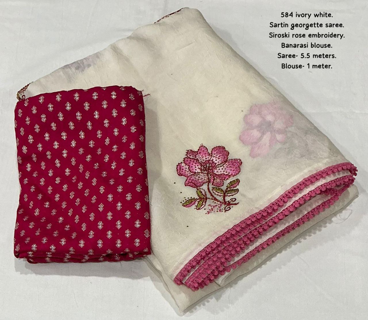 Rose Embroidered  Siroski Stone With Patched Lace Border  Satin Georgette Saree with Banarasi Blouse