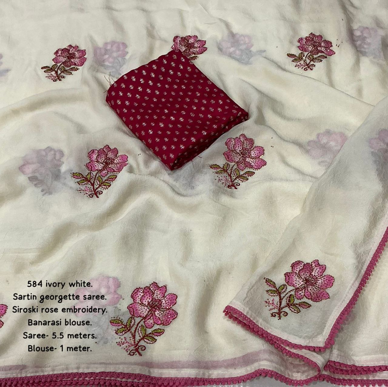 Rose Embroidered  Siroski Stone With Patched Lace Border  Satin Georgette Saree with Banarasi Blouse