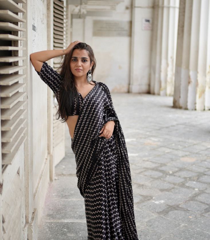 Black Zig Zag Lining Original Japan Satin Digital Print Saree with Attached Blouse