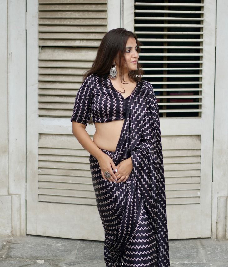 Black Zig Zag Lining Original Japan Satin Digital Print Saree with Attached Blouse