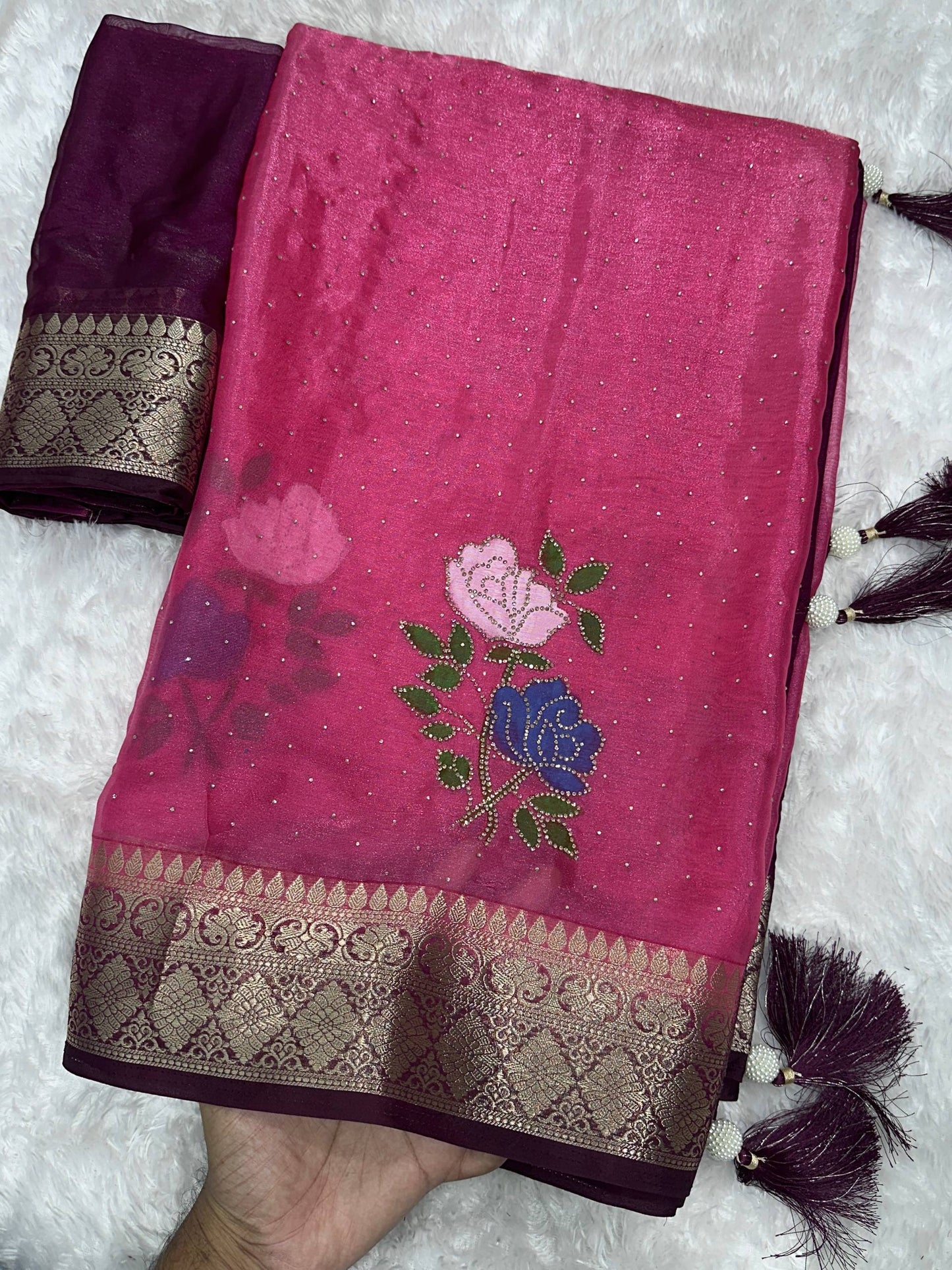 Elegant Brush Print & Zari Zarkhan Diamond Work Pure Fandy Satin Saree With Blouse