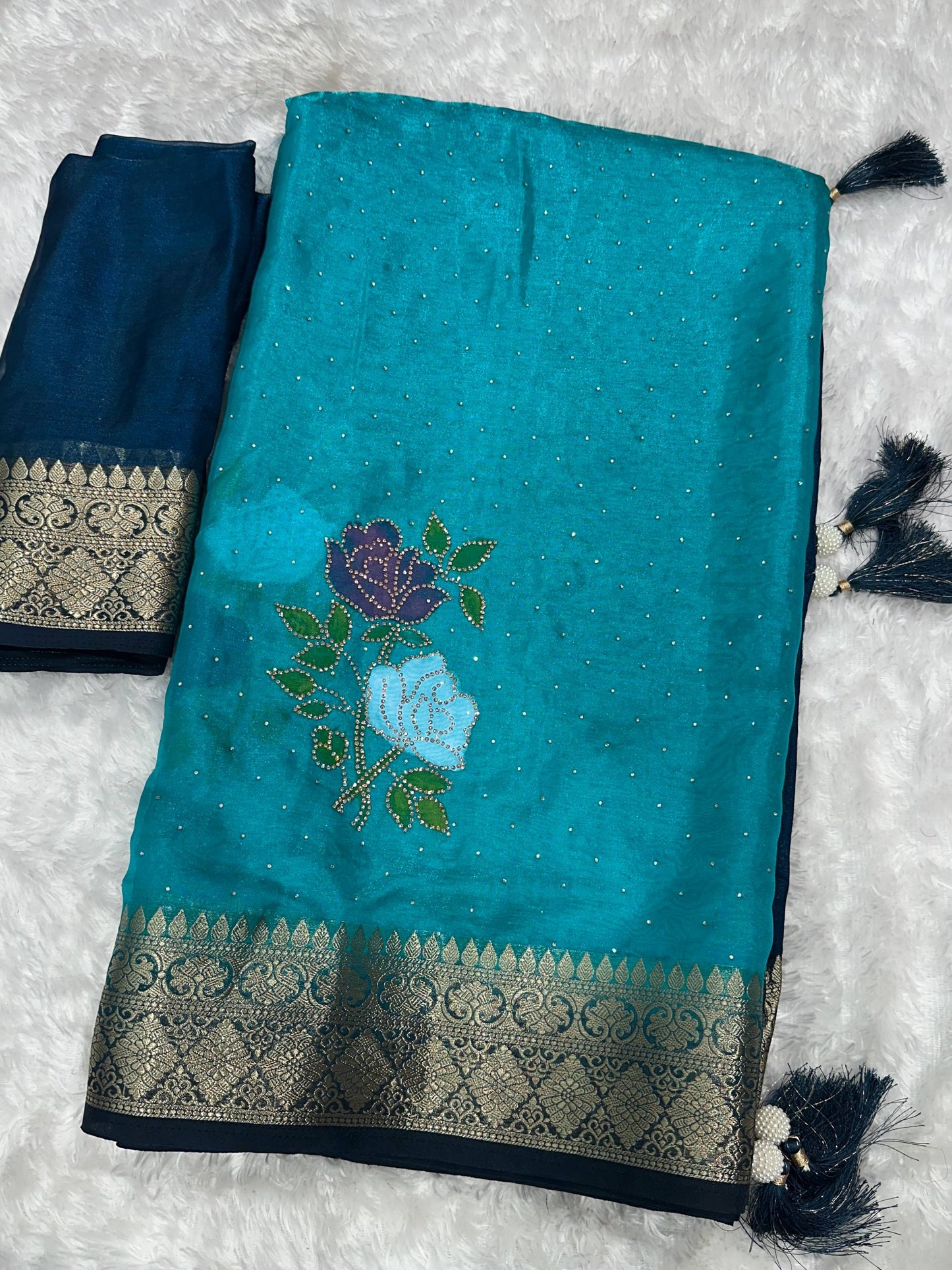 Elegant Brush Print & Zari Zarkhan Diamond Work Pure Fandy Satin Saree With Blouse