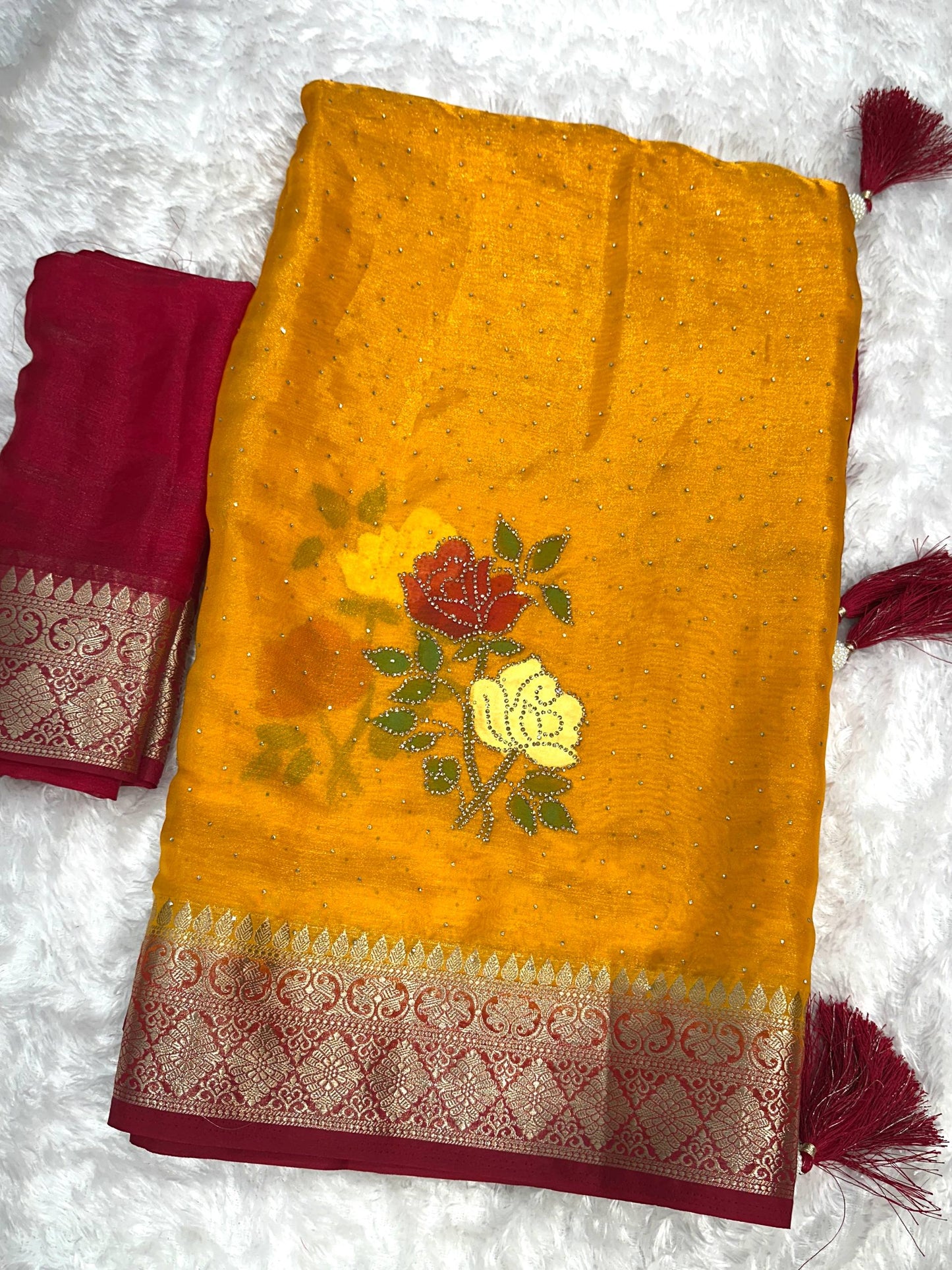 Elegant Brush Print & Zari Zarkhan Diamond Work Pure Fandy Satin Saree With Blouse