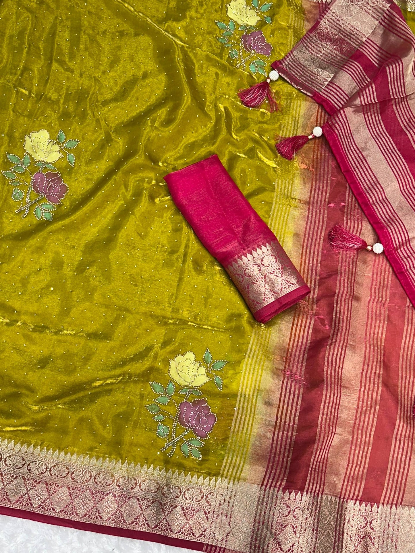 Elegant Brush Print & Zari Zarkhan Diamond Work Pure Fandy Satin Saree With Blouse