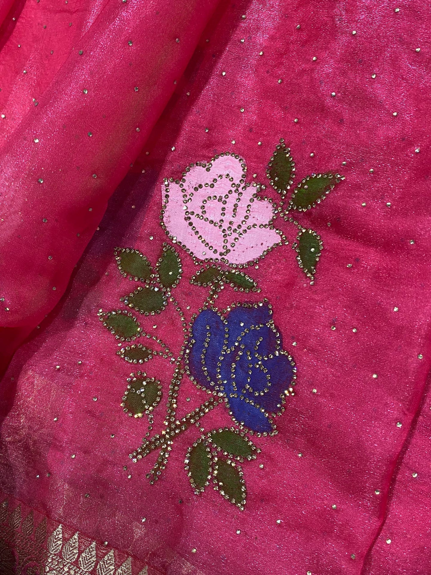 Elegant Brush Print & Zari Zarkhan Diamond Work Pure Fandy Satin Saree With Blouse