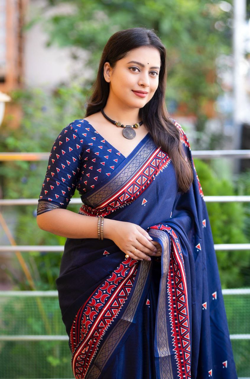 Zari Pattu Woven Border Soft Pashmina Silk Ikkat Printed Saree with Running Printed Blouse