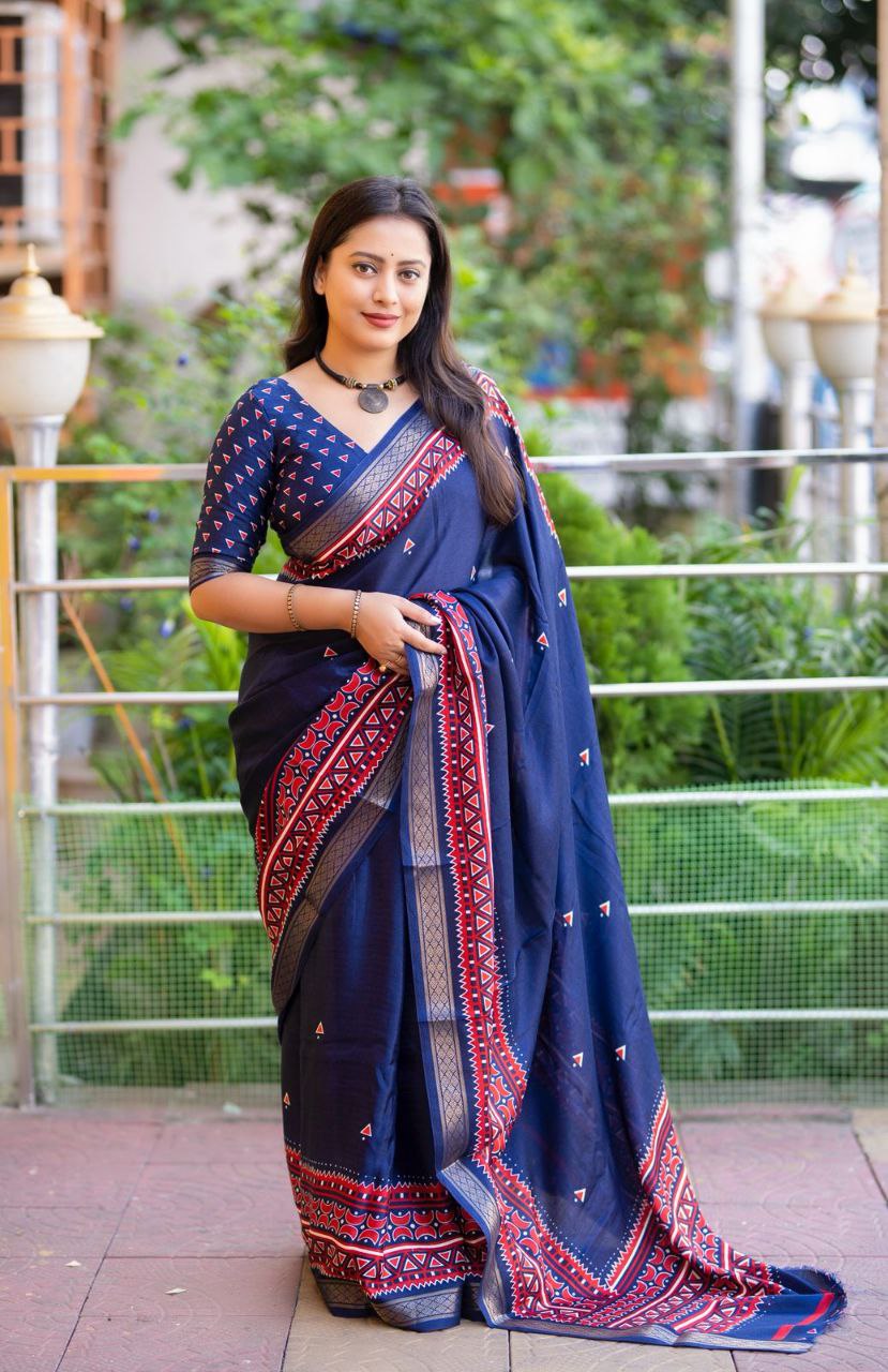 Zari Pattu Woven Border Soft Pashmina Silk Ikkat Printed Saree with Running Printed Blouse