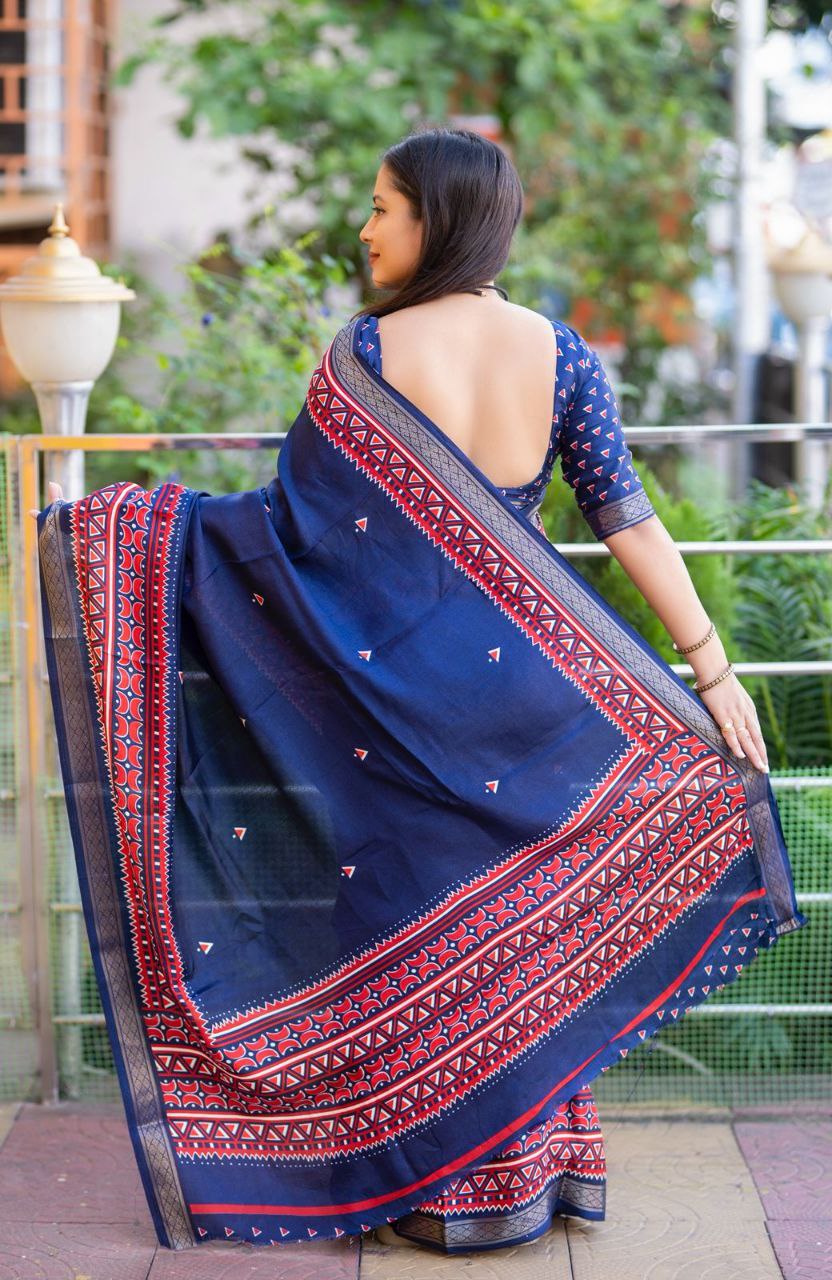 Zari Pattu Woven Border Soft Pashmina Silk Ikkat Printed Saree with Running Printed Blouse