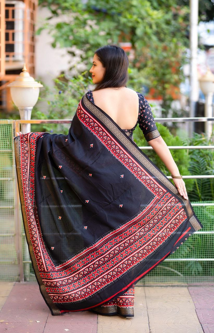 Zari Pattu Woven Border Soft Pashmina Silk Ikkat Printed Saree with Running Printed Blouse