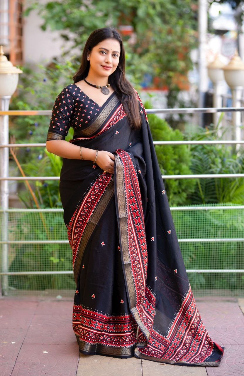 Zari Pattu Woven Border Soft Pashmina Silk Ikkat Printed Saree with Running Printed Blouse